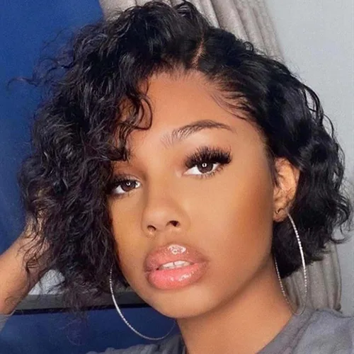 WIGER Pelucas cortas con encaje frontal de cabello humano para mujeres, peluca corta rizada estilo Bob, peluca Pixie de encaje frontal negra, peluca