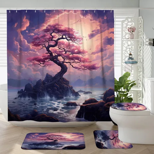 Miniatura 35 de Cortina de ducha japonesa Fuji Mountain de cerezo asiático, cortina de ducha con diseño de anime, decoración de baño, tela de poliéster, 62 x 72 Azul