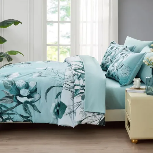 Miniatura 5 de Luxudecor Juego de edredón floral tamaño individual de 7 piezas, cama de flores aguamarina en una bolsa, elegante edredón floral degradado con juego