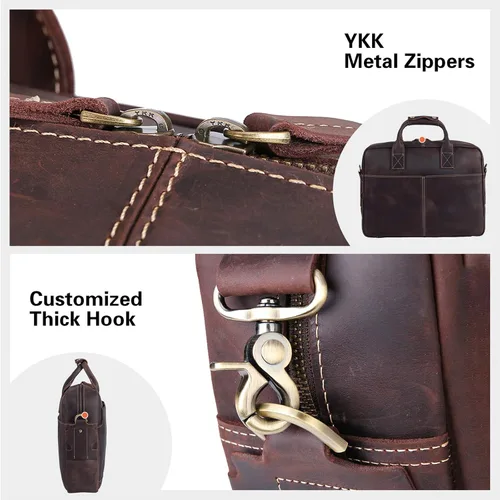 Miniatura 5 de Maletín de cuero genuino para hombre, maletín de cuero de grano completo de 16 pulgadas, bolsa de mensajero con cremalleras de metal YKK