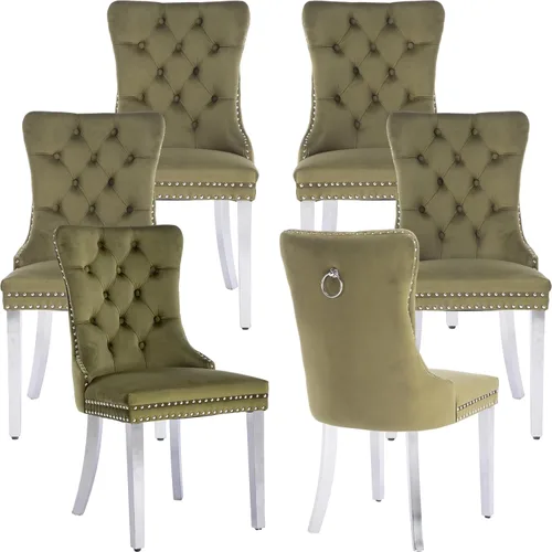 Miniatura 145 de ODUSE-DAILY - Juego de 4 sillas de cocina y comedor de terciopelo beige, tapizadas en tela, respaldo alto con alas, anilla metálica, estructura