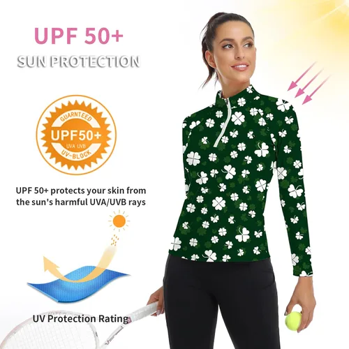 Miniatura 145 de WOWENY Camiseta deportiva de manga larga para mujer, con cremallera de un cuarto, cuello para entrenamiento, camiseta de tenis con estampado