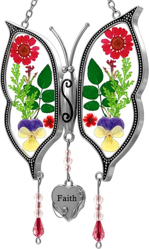 Miniatura 18 de KY&BOSAM Atrapasoles de cristal con diseño de mariposa para colgar ventanas, chaim de viento con flor preservada y dije de corazón de metal, regalo