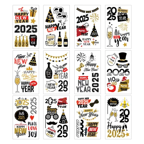 Miniatura 4 de 65 piezas de suministros para fiesta de Año Nuevo, 12 hojas de calcomanías de tatuajes temporales, decoraciones de feliz año nuevo, decoración NYE