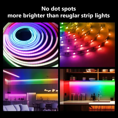Miniatura 8 de dalattin - Tira de luces LED IC RGB COB inteligente, 576 LEDs/m, alta densidad direccionable, flexible con control remoto y aplicación, 5 metros