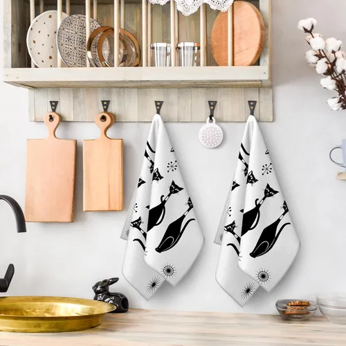 Miniatura 3 de Juego de paños de cocina decorativos estilo Mid Century Modern, lindos paños de cocina absorbentes con gato negro, paños de cocina, paños de mano