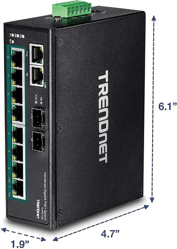 Miniatura 11 de TRENDnet Conmutador industrial Gigabit PoE+ de 10 puertos, 8 puertos Gigabit PoE+, Montaje en carril DIN, 2 ranuras SFP, Presupuesto de alimentación