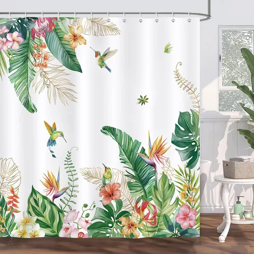 Bonhause Cortina de ducha de colibríes, hojas de palmera tropicales verdes, decoración de baño, 72 x 72 pulgadas, tela de poliéster impermeable,
