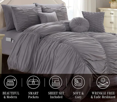 Miniatura 2 de Elegant Comfort El juego de edredón plisado de 10 piezas más suave y acogedor, con volantes fruncidos con almohadas decorativas y sábana bajera