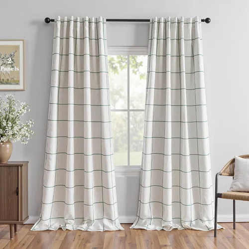 Miniatura 25 de MYSKY HOME Cortinas de Lino a Cuadros 100% Opacas de 45 Pulgadas de Largo de Doble Capa Estilo Granja con Aislamiento Térmico Estampado a Cuadros