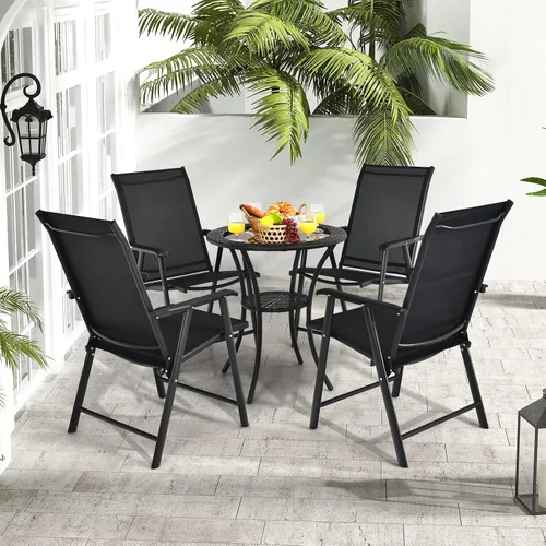 Miniatura 4 de Tangkula Juego de 2 sillas plegables para patio, sillas de comedor de tela para exteriores con respaldo alto y reposabrazos, marco de metal Negro
