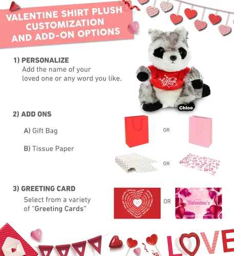 Miniatura 2 de DolliBu Mapache de peluche con texto en inglés "I Love You", bonito animal de peluche con camisa roja y nombre, regalo personalizado para el día