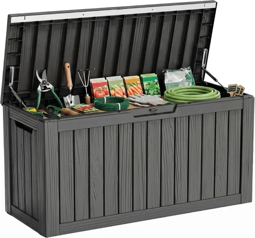 Miniatura 44 de Caja de cubierta para exteriores de 120 galones, cajas de almacenamiento impermeables con cerradura para herramientas de jardín, cojines de Gris