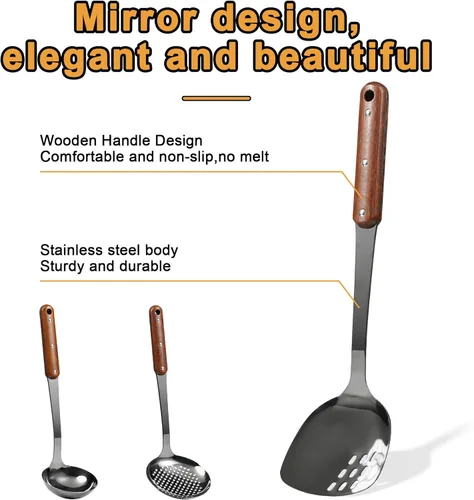 Miniatura 2 de FJNATINH Espátula Wok de acero inoxidable, cucharón, juego de herramientas de cucharón de espumadera, utensilios de cocina pulidos con mango de Negro