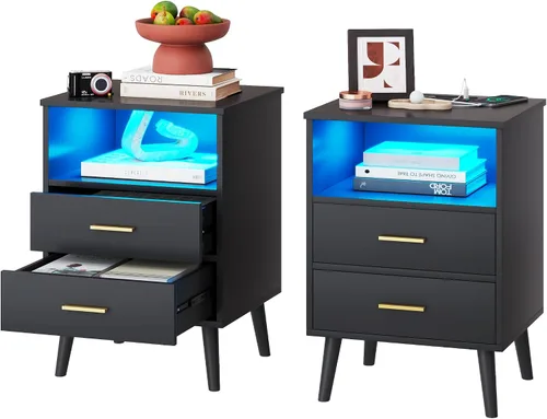 Miniatura 12 de LVSOMT Mesita de noche negra para dormitorio con estación de carga y luces LED, moderna mesita de noche con cajón oculto, mesita de noche