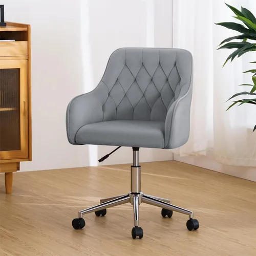 Miniatura 7 de HOFFREE Silla de oficina de terciopelo, bonita silla de tocador con ruedas para dormitorio, silla tapizada para oficina en casa (beige)