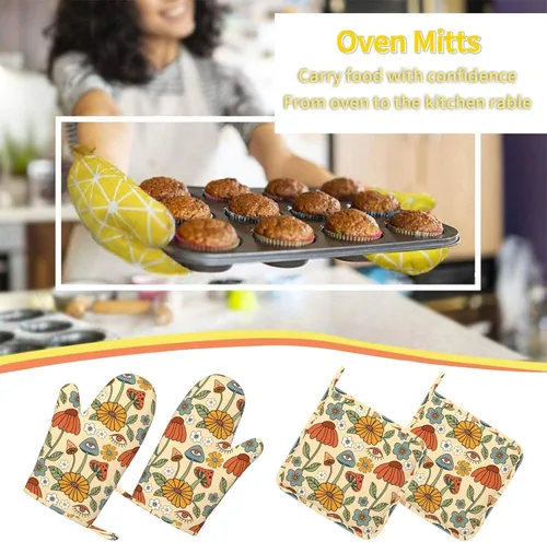 Miniatura 7 de Juego de 4 manoplas de horno y soportes para ollas retro de los años 70 con diseño de hongos hippie, de silicona, resistentes al calor, guantes
