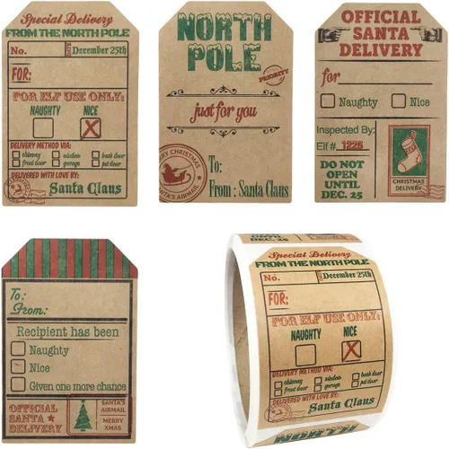 Etiquetas adhesivas de regalo de Papá Noel de papel kraft natural – Etiquetas navideñas de 2 x 3 pulgadas, rollo de 100 – Etiquetas rústicas de