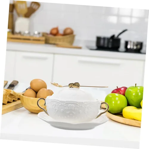 Miniatura 5 de DOITOOL Taza de sopa de cerámica de doble asa con tapa y cuchara, cuenco de porcelana resistente al calor de 6.10 pulgadas para cocinar al vapor
