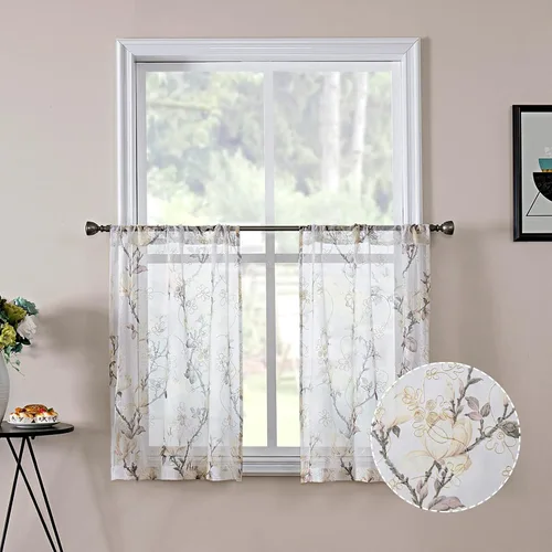 Miniatura 12 de Tollpiz - Cortinas cortas florales azules transparentes, con diseño de flores y enredaderas bordadas, cortinas de media cocina para café