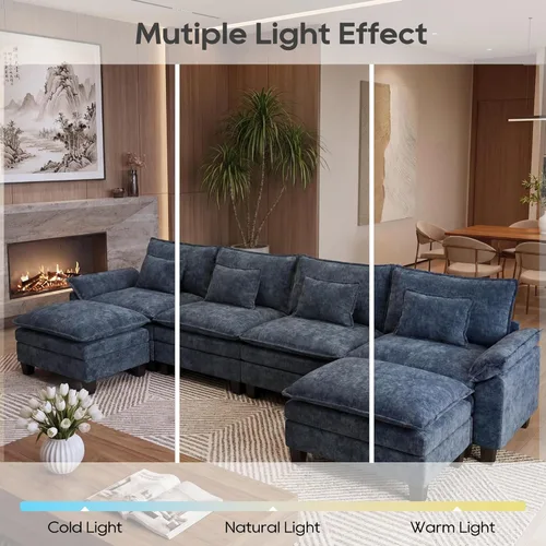 Miniatura 7 de URRED Cloud Couch Sofá Seccional Modular, Sofá Moderno en Forma de U de Asiento Profundo de 157", con 2 Otomanas y Almohadas, Sofás de Chenilla Azul