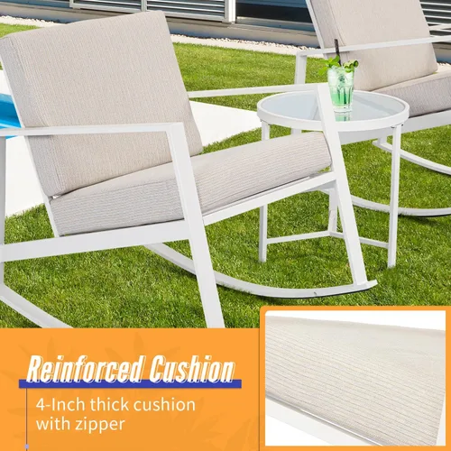 Miniatura 3 de AQUILLA Juego de 3 mecedoras de patio para exteriores, muebles de exterior con marco de metal, mesa redonda de vidrio templado, cojines gruesos
