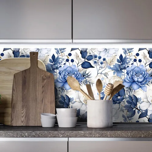 Miniatura 6 de Booming Peony - Papel tapiz floral de peonía para despegar y pegar - Papel tapiz autoadhesivo removible de hojas azul/blanco - Mural decorativo