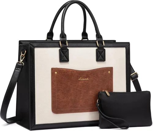 LOVEVOOK Bolso de mano para laptop para mujeres, de 15.6 pulgadas, bolsos de trabajo, bolso de cuero vintage, bolsos de computadora impermeables con