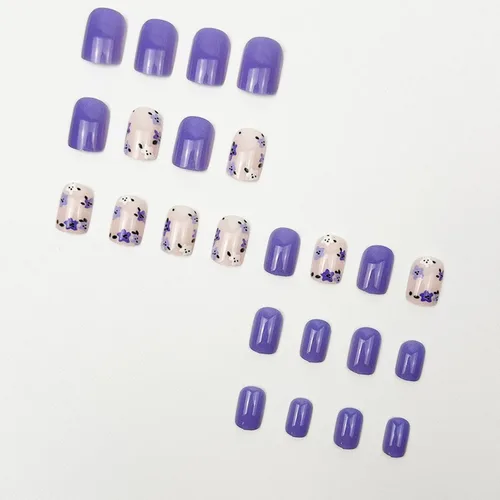 Miniatura 4 de Uñas postizas a presión moradas, cortas, cuadradas, SWEKKE bonitas, uñas postizas con diseños florales morados y blancos, cobertura completa
