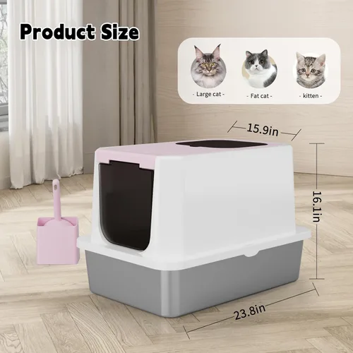 Miniatura 2 de RIZZARI Caja de arena cerrada extragrande para gatos, bandeja de arena de acero inoxidable rosa con diseño antifugas, superficie antiadherente fácil