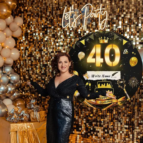 Miniatura 7 de Letrero luminoso de feliz cumpleaños de 40 años, decoración de fiesta para hombres, fondo de cumpleaños LED negro y dorado, carpa redonda, cartón