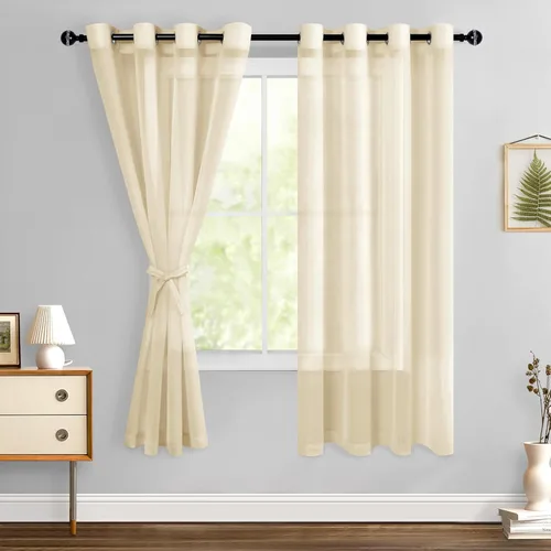 Miniatura 181 de Hiasan - Cortinas traslúcidas de gasa cortas semitransparentes con ojales y alzapaños filtrantes de luz para ventana, dormitorio, baño, 2 paneles