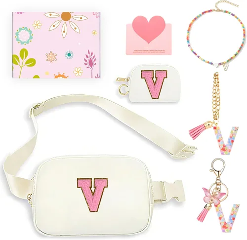 Miniatura 34 de Regalos de moda para niñas adolescentes, cangurera con monograma para niña con llavero, collar, dijes de taza, tarjeta de felicitación y caja