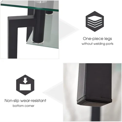 Miniatura 4 de Mesa de centro rectangular de vidrio templado, mesa de té de 2 niveles, mesa auxiliar moderna con estante inferior y patas de madera, mesa de centro