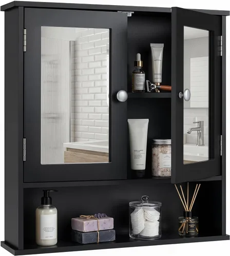 Miniatura 11 de Tangkula - Armario de baño con espejo, organizador colgante de madera montado en la pared con puertas y estantes, espejo de pared para baño