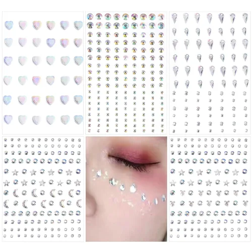 Miniatura 10 de SAOROPEB Gemas faciales – 6 juegos de joyas de cara de sirena, calcomanías temporales de tatuaje, calcomanías de acrílico con purpurina de cristal