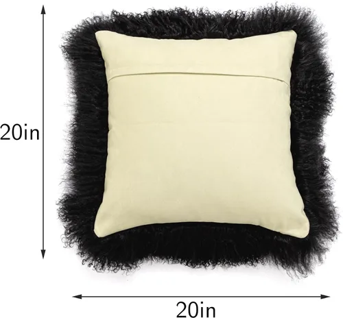 Miniatura 2 de Funda de almohada de piel de cordero mongol tibetano, 100% piel de oveja real, rollo de lana de cordero, cuadrada, decorada para sala de estar, Negro