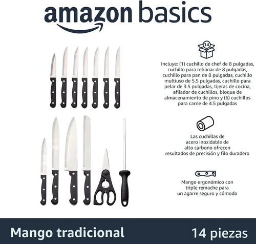 Miniatura 2 de Amazon BasicsJuego de cuchillos de cocina de 14 piezas, cuchillas de acero inoxidable de alto carbono con bloqueo de madera de pino, negro