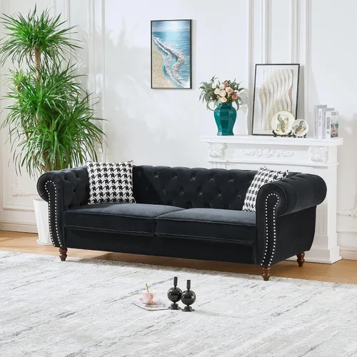 Miniatura 15 de Sofá Air de cuero copetudo para sala de estar, sofá de 3 plazas con brazo enrollado con ribete de cabeza de clavo y 2 almohadas para el cuello, sofá