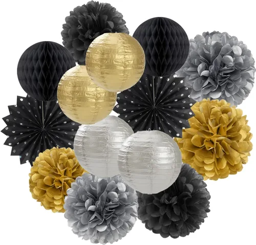 Decoraciones de fiesta de color negro dorado y plateado - 14 abanicos de papel de graduación 2026, pompones de flores de tejido, bolas de panal,