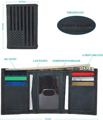 Miniatura 7 de Lucky Brand Bandera de cuero para hombre en relieve RFID Trifold
