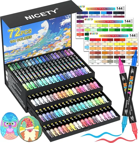 NICETY Marcadores de pintura acrílica de 144 colores, paquete de 72 rotuladores de pintura acrílica de doble punta con punta de pincel, marcadores