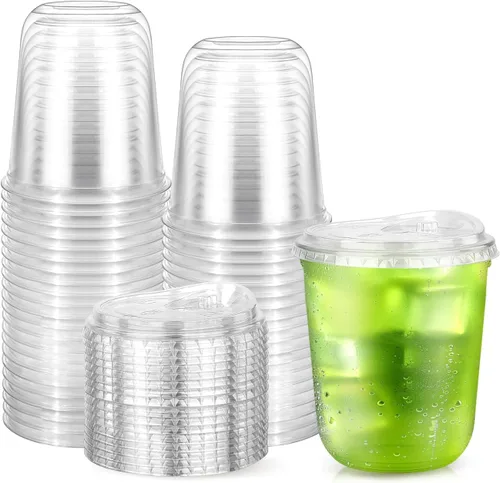 Vasos fríos de plástico transparente de 12 onzas con tapas, paquete de 25 tazas desechables sin popote para llevar, parte inferior en forma de U