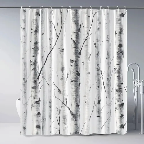 Miniatura 2 de Cortina de ducha con diseño de abedul, acuarela, gris, blanco, moteado, tronco, rama de árbol, naturaleza, rústico, granja, al aire libre, tela