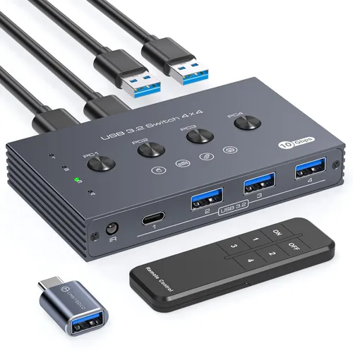 Selector de interruptor USB 3.2 4 computadoras comparten 1 USBC y 3 dispositivos USBA 10Gbps interruptor USB de 4 puertos para compartir teclado,