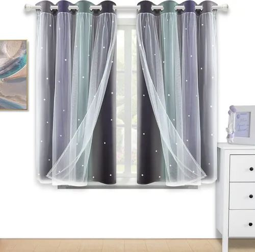 Miniatura 23 de Cortinas opacas con recorte de estrellas y arcoíris para guardería/habitación de niños/niñas, con superposición de tul, 2 paneles, cada una de 52