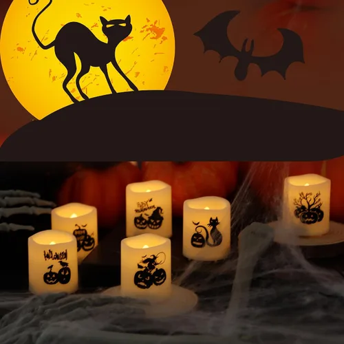 Miniatura 3 de Velas votivas sin llama con temporizador, luces LED con temporizador automático de ciclo diario integrado, calcomanías de calabaza para decoraciones