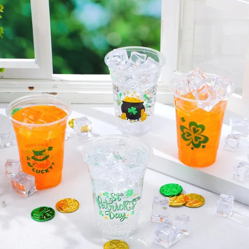 Miniatura 4 de JOYIN 72 vasos de plástico de 16 onzas para el día de San Patricio, vasos desechables verdes a granel con 4 patrones de caldero de trébol