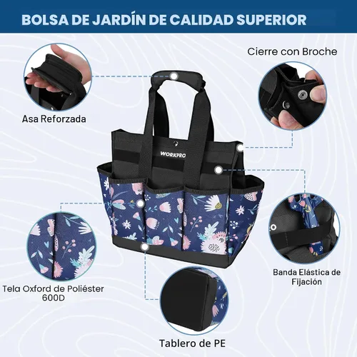 Miniatura 5 de WORKPRO Bolsa de herramientas de jardín, bolsa Oxford resistente de 9 bolsillos, soporte para kit de herramientas de jardinería, 12 x 12 x 6
