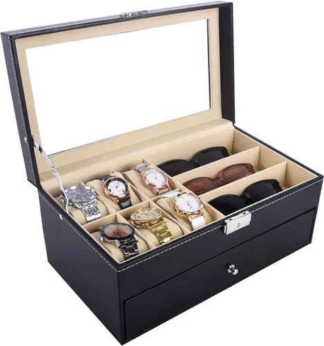 Miniatura 5 de Autoark Caja de joyería de cuero para 6 relojes y 9 piezas de almacenamiento para lentes y lentes de sol organizador de caja con bloqueo negro AW-048